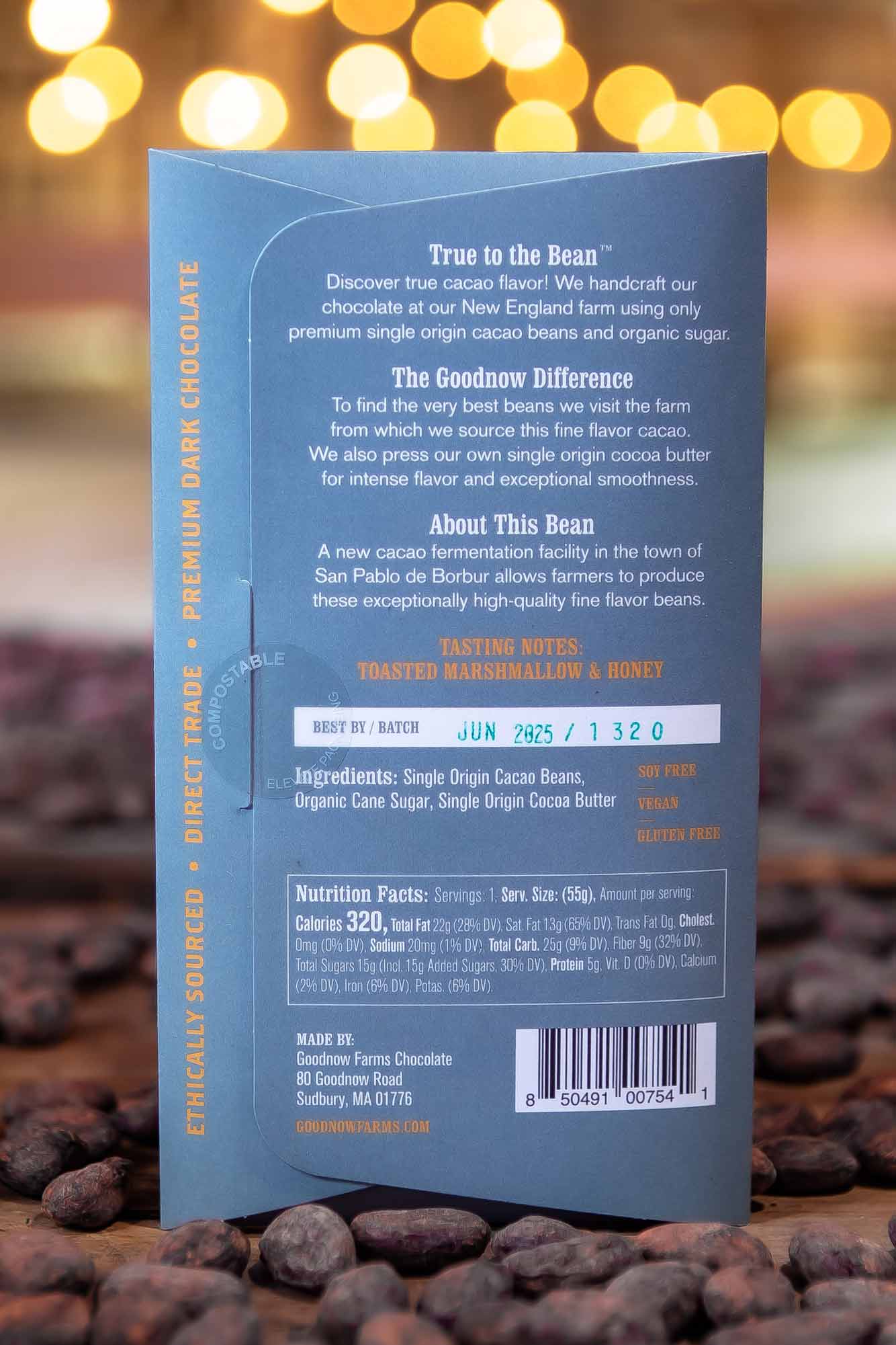 Back of Goodnow Farms Boyaca Dark Chocolate bar showing nutrition information