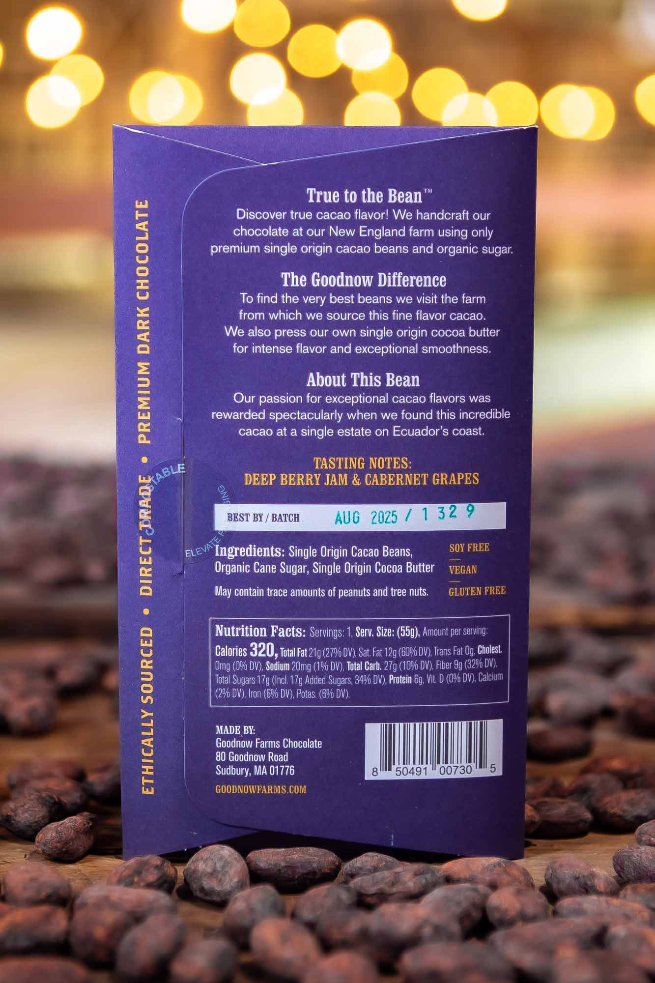 Back of Goodnow Farms Esmeraldas Chocolate Bar showing nutrition information