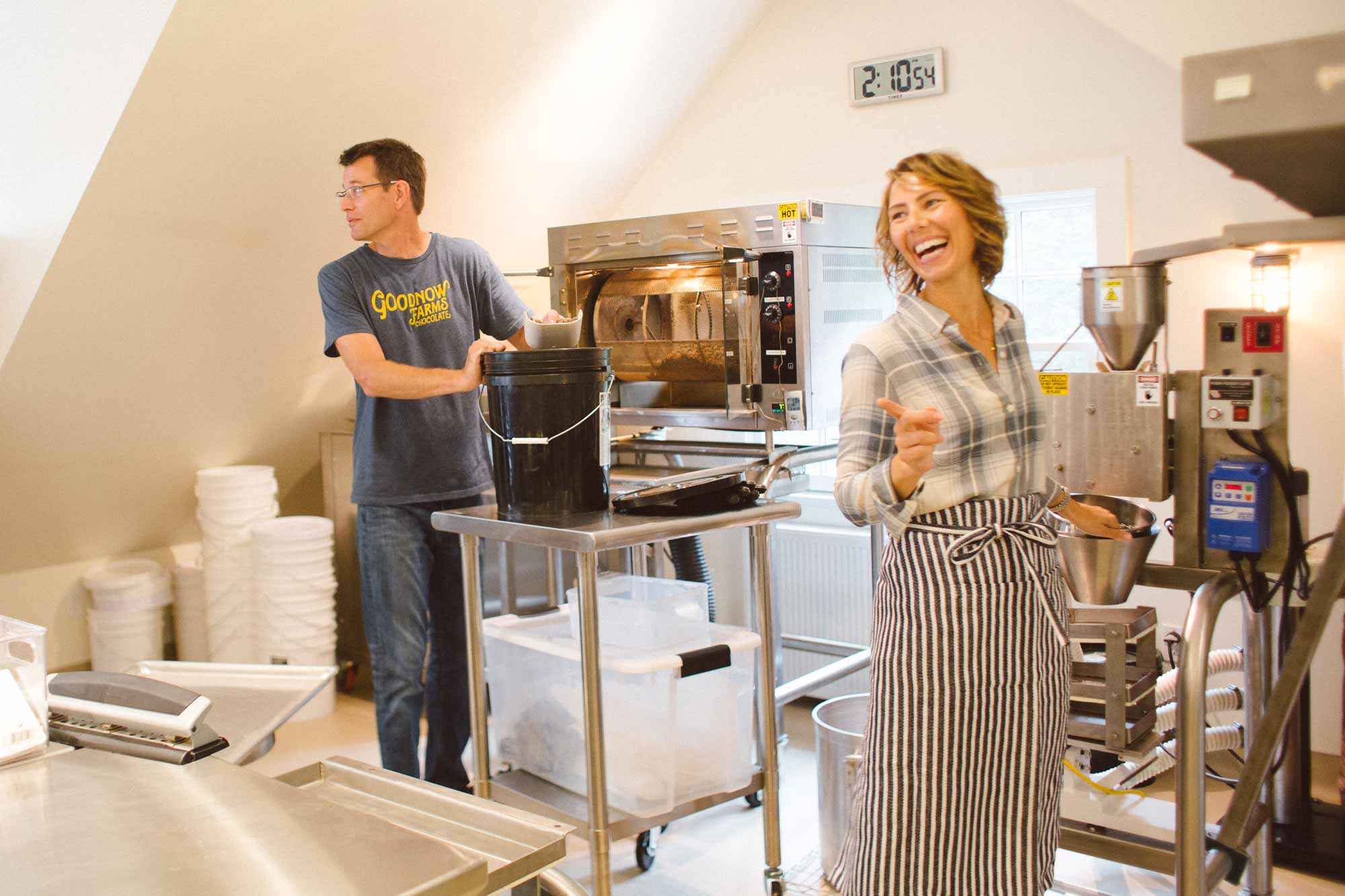 Goodnow Farms Cofounders Monica and Tom in the chocolate factory preparing Ucayali chocolate