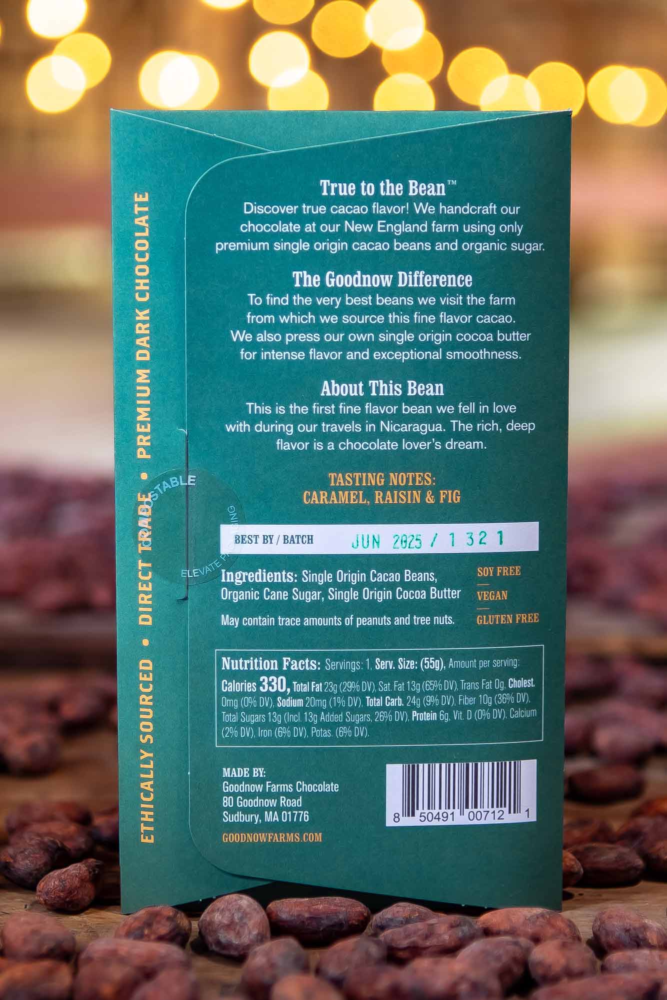 The back of Goodnow Farms El Carmen Chocolate Bar showing the nutrition label and ingredients