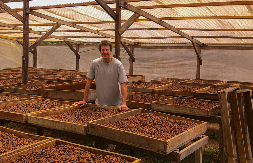 Goodnow Farms Cofounder Tom with drying El Carmen cacao