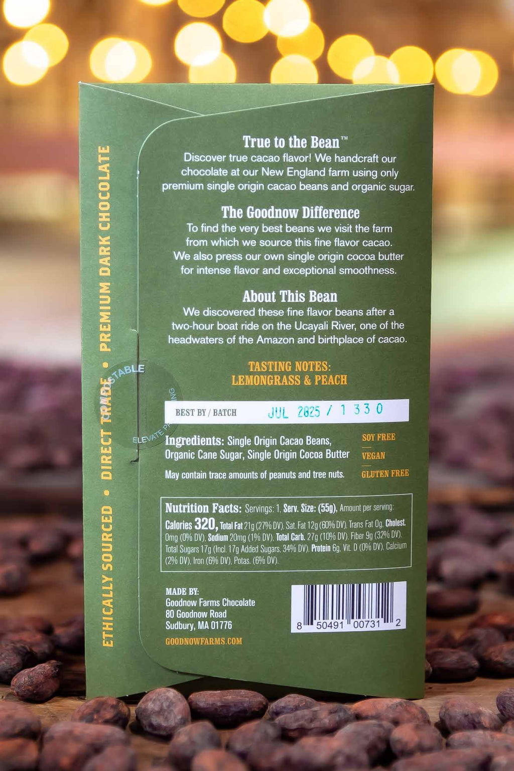 Back of Goodnow Farms Dark Chocolate Bar showing the nutrition facts and ingredients