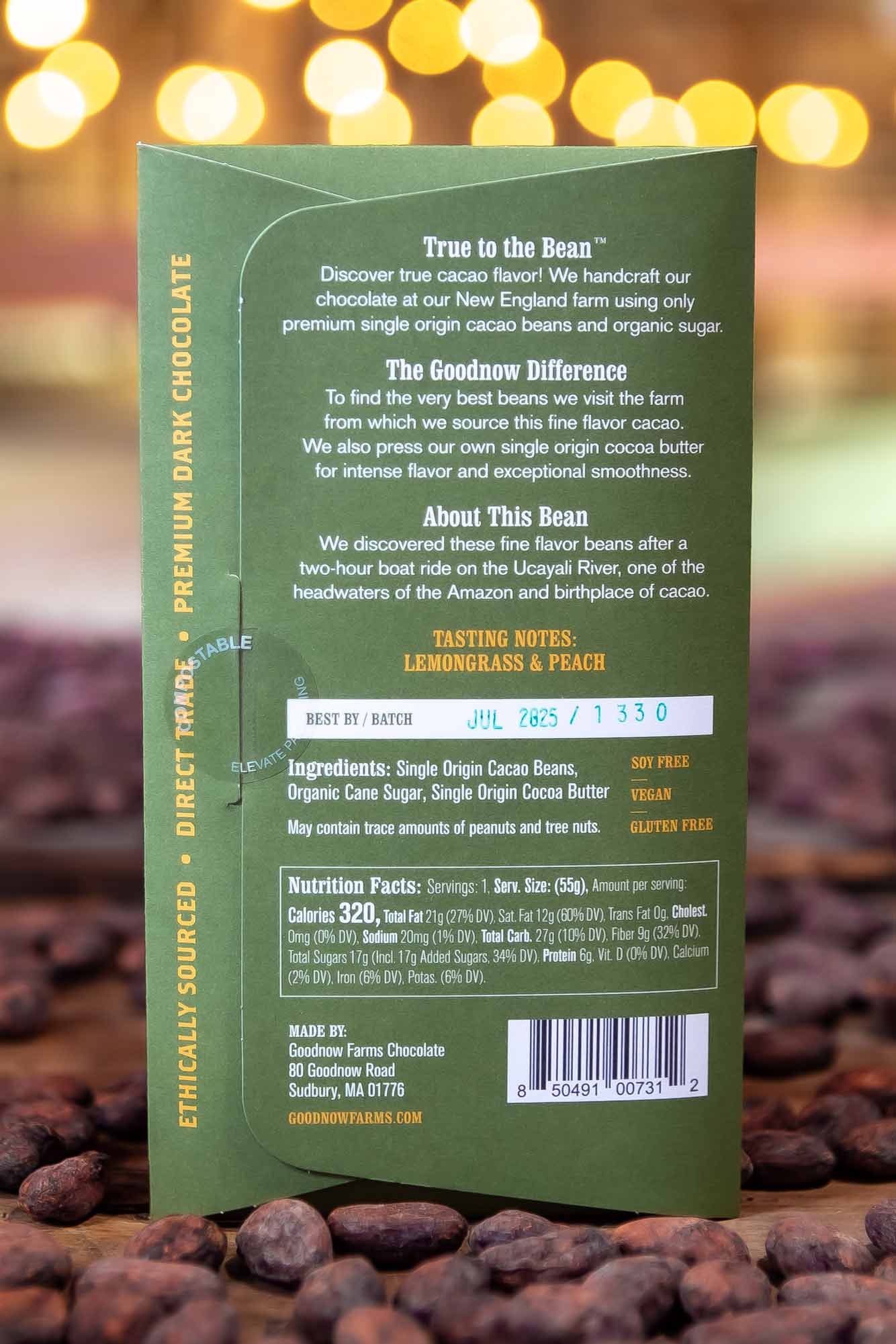 Back of Goodnow Farms Dark Chocolate Bar showing the nutrition facts and ingredients