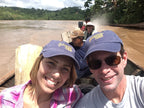 Goodnow Farms Cofounders travel in a boat along the Ucayali River to visit local cacao farms in Peru