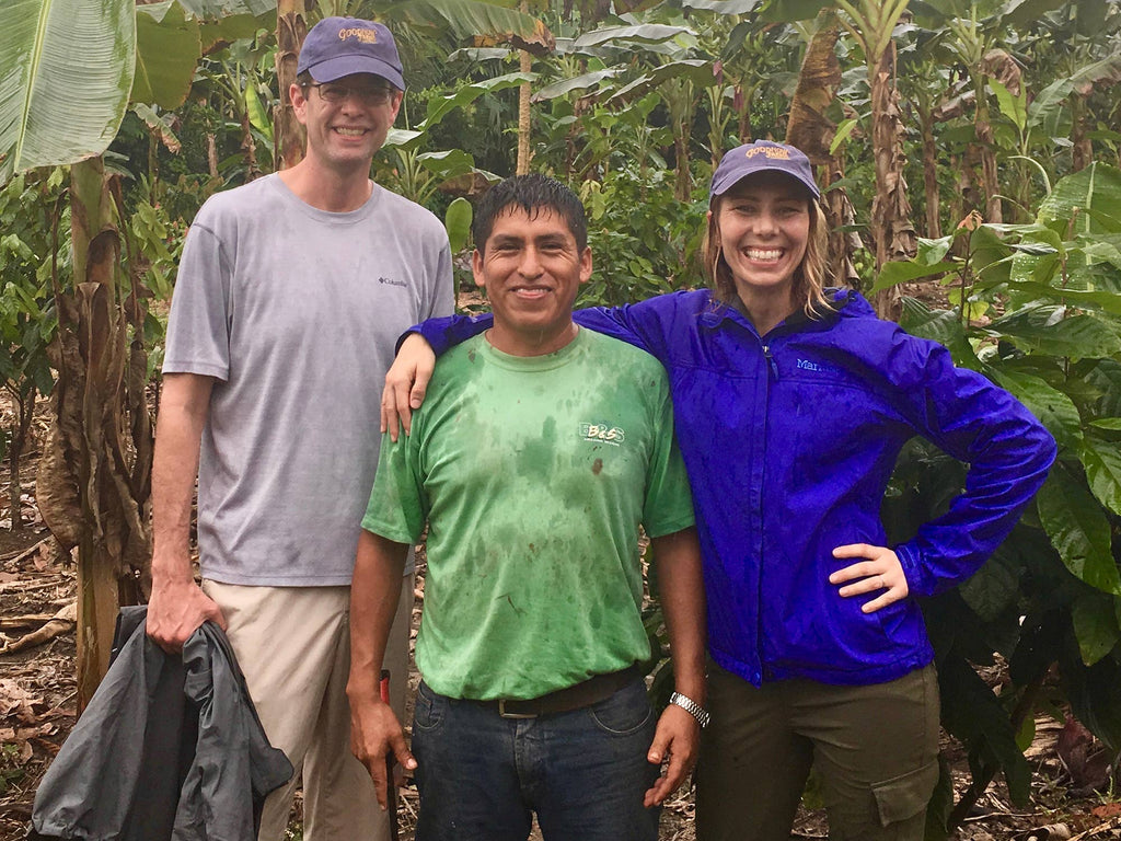 Goodnow Farms Cofounder Monica and Tom meet local cacao farmer, William Taleverno, on a sourcing trip to Peru