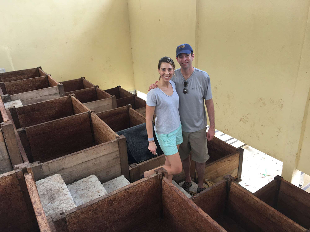 At the fermentation facility.  The boxes are stepped so the cacao can be easily moved to the lower box.